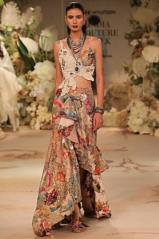 Pink Silk Brocade Printed Asymmetric Skirt Set by Varun Bahl