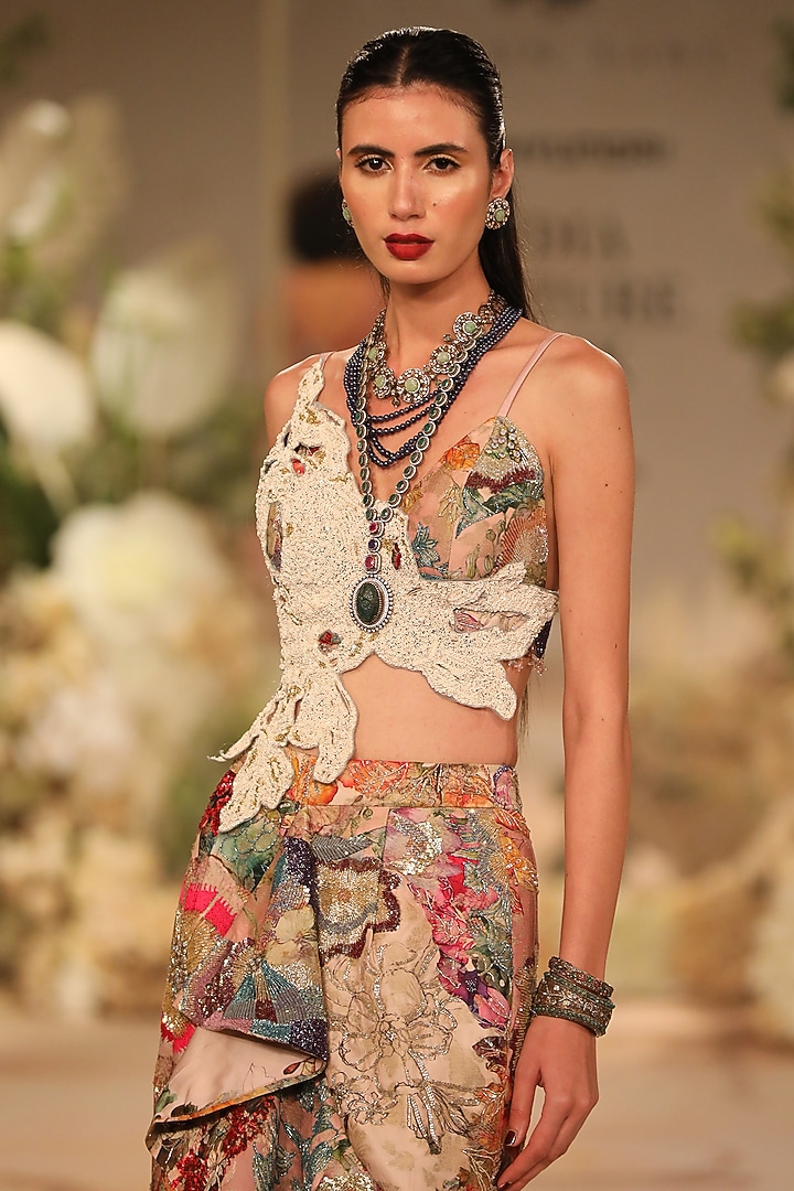 Pink Silk Brocade Printed Asymmetric Skirt Set by Varun Bahl at Pernia's Pop Up Shop
