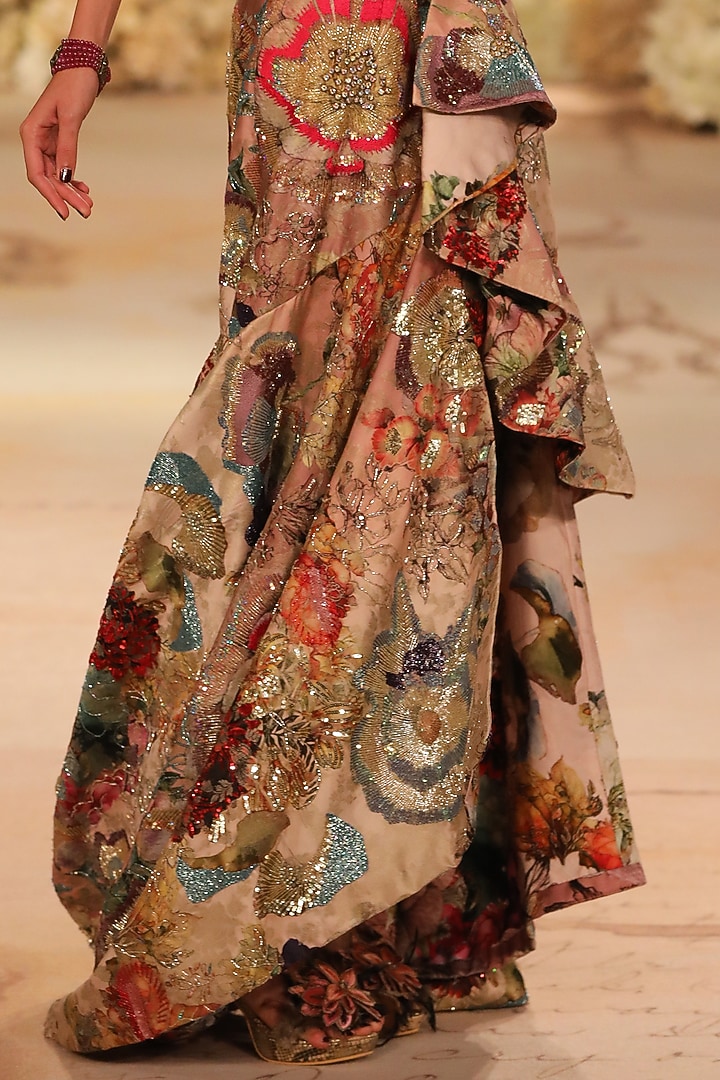 Pink Silk Brocade Printed Asymmetric Skirt Set by Varun Bahl at Pernia's Pop Up Shop