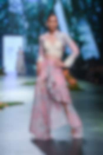 Pink Velvet & Organza Floral Printed Skirt Set by Varun Bahl at Pernia's Pop Up Shop