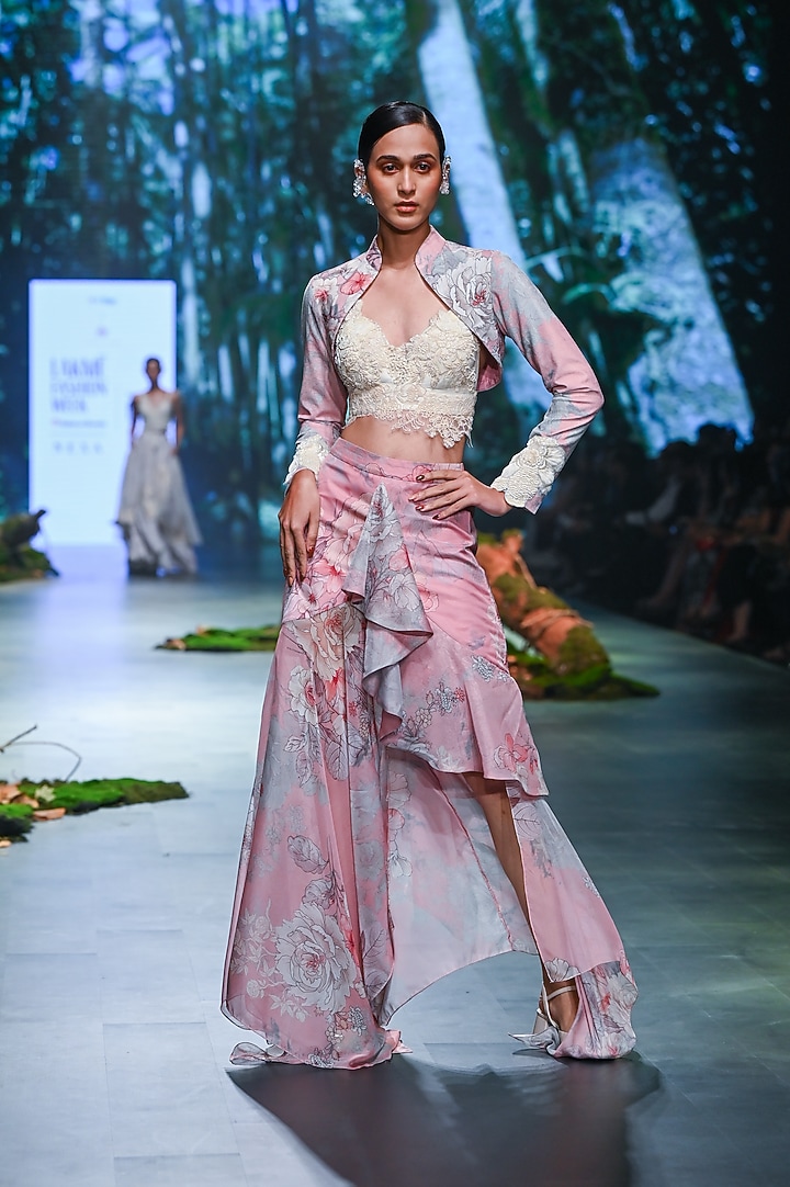 Pink Velvet & Organza Floral Printed Skirt Set by Varun Bahl at Pernia's Pop Up Shop