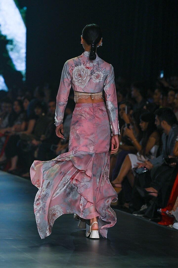 Pink Velvet & Organza Floral Printed Skirt Set by Varun Bahl at Pernia's Pop Up Shop