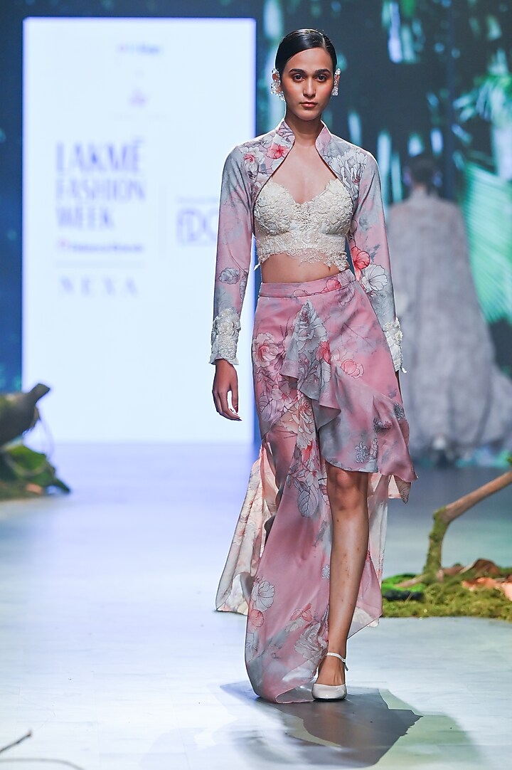 Pink Velvet & Organza Floral Printed Skirt Set by Varun Bahl at Pernia's Pop Up Shop