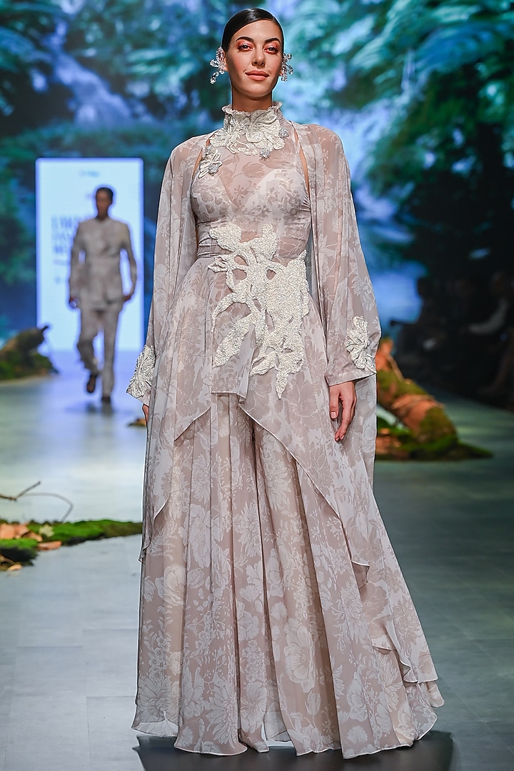 Ivory Beige Organza Floral Printed Cape Set by Varun Bahl at Pernia's Pop Up Shop