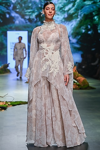 Ivory Beige Organza Floral Printed Cape Set by Varun Bahl