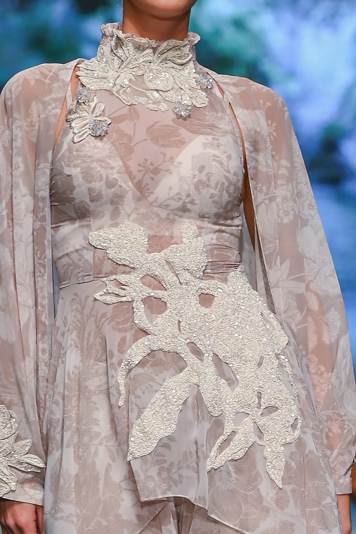Ivory Beige Organza Floral Printed Cape Set by Varun Bahl at Pernia's Pop Up Shop