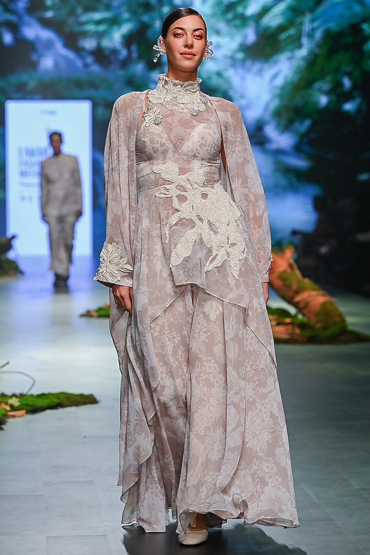 Ivory Beige Organza Floral Printed Cape Set by Varun Bahl at Pernia's Pop Up Shop
