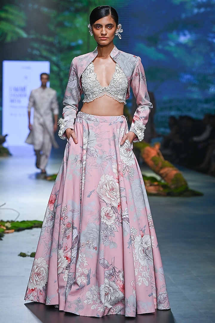 Pink Velvet & Net Floral Printed Jacket Bridal Lehenga Set by Varun Bahl at Pernia's Pop Up Shop