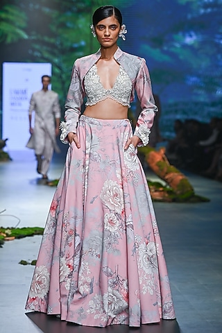 Pink Velvet & Net Floral Printed Jacket Lehenga Set by Varun Bahl