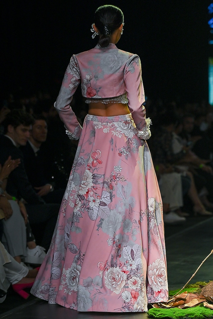 Pink Velvet & Net Floral Printed Jacket Bridal Lehenga Set by Varun Bahl at Pernia's Pop Up Shop
