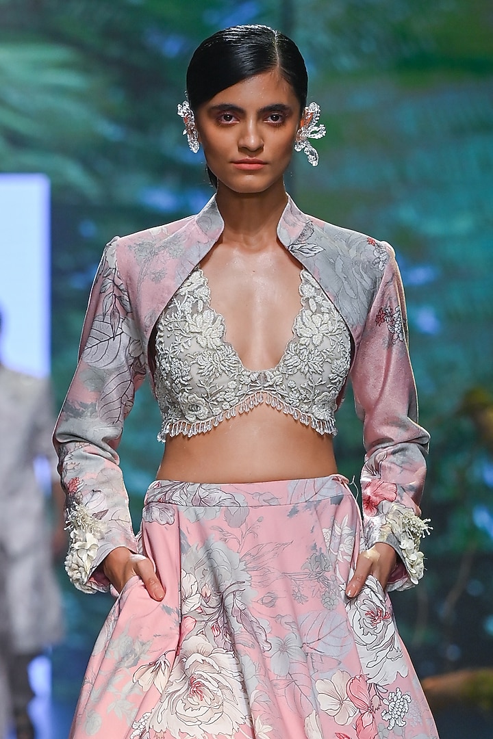 Pink Velvet & Net Floral Printed Jacket Bridal Lehenga Set by Varun Bahl at Pernia's Pop Up Shop