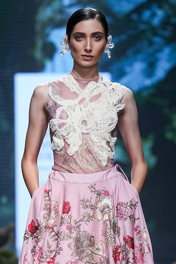 Pink Lurex & Net 3D Floral Embroidered Bridal Lehenga Set by Varun Bahl at Pernia's Pop Up Shop