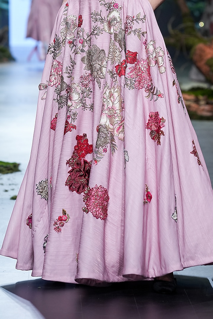 Pink Lurex & Net 3D Floral Embroidered Bridal Lehenga Set by Varun Bahl at Pernia's Pop Up Shop