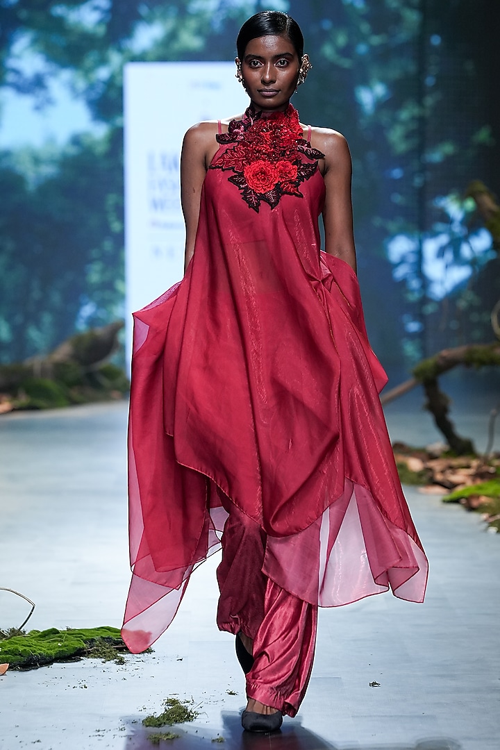Red Lurex & Velvet Floral Corsage Hand Embellished Draped Tunic Set by Varun Bahl