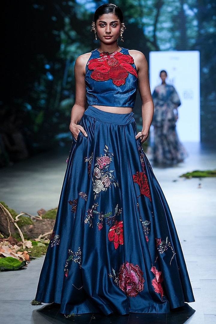 Midnight Blue Chanderi & Velvet 3D Floral Embroidered Lehenga Set by Varun Bahl