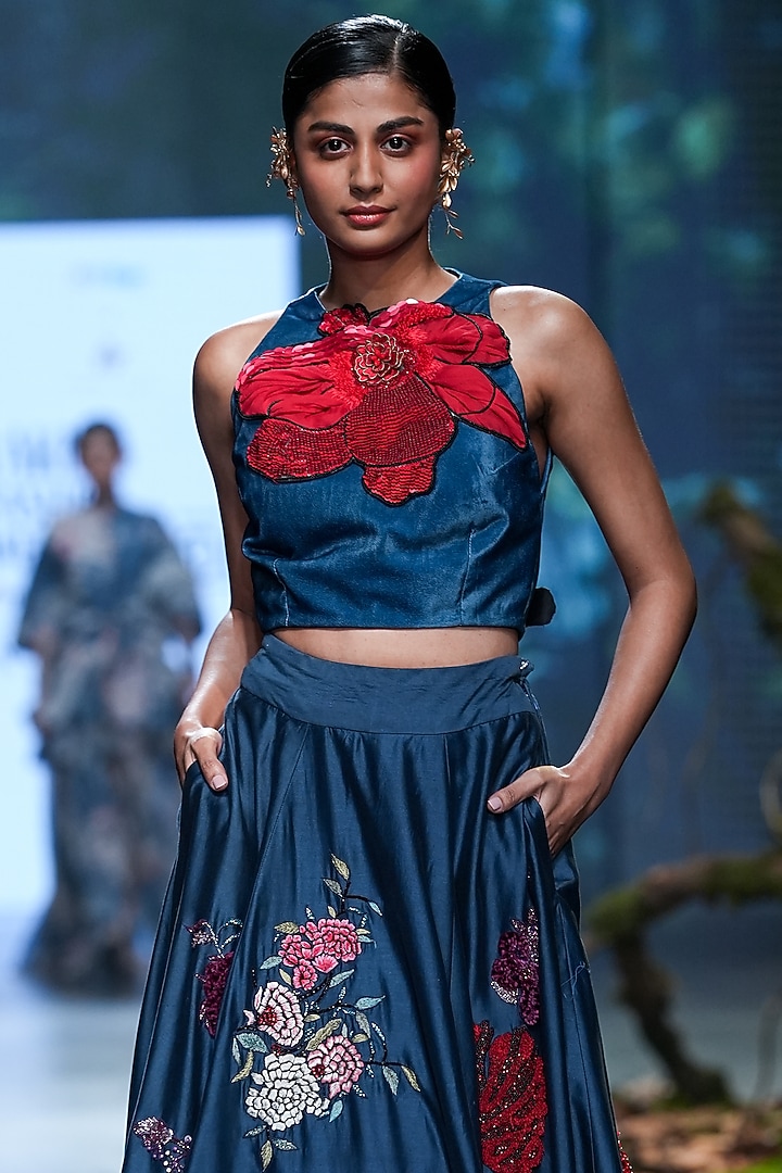Midnight Blue Chanderi & Velvet 3D Floral Embroidered Bridal Lehenga Set by Varun Bahl at Pernia's Pop Up Shop