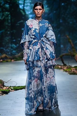 Midnight Blue Organza & Net Floral Printed Dress With Bodysuit by Varun Bahl