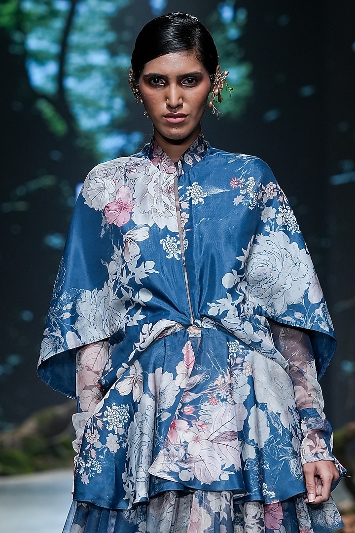Midnight Blue Organza & Net Floral Printed Party Wear Dress With Bodysuit by Varun Bahl at Pernia's Pop Up Shop