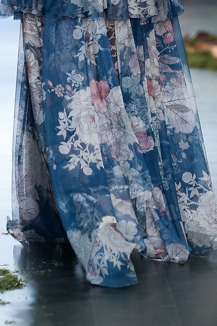 Midnight Blue Organza & Net Floral Printed Party Wear Dress With Bodysuit by Varun Bahl at Pernia's Pop Up Shop