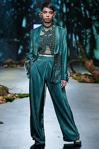 Bottle Green Velvet Jacket Set by Varun Bahl