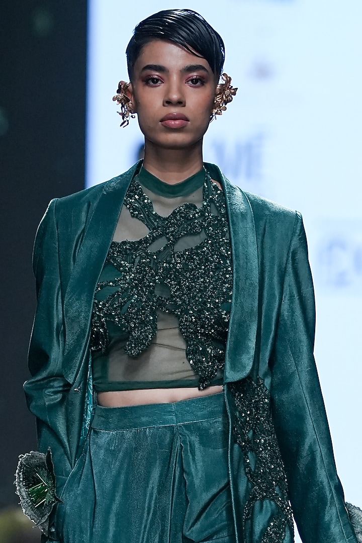 Bottle Green Velvet Jacket Set by Varun Bahl at Pernia's Pop Up Shop