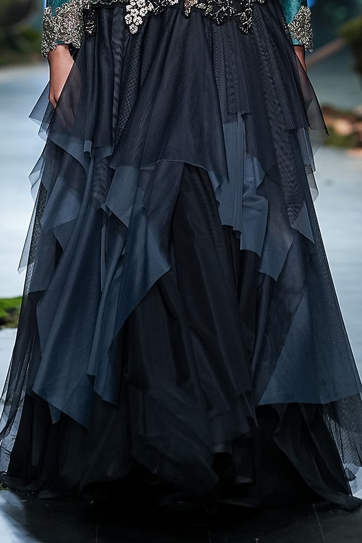 Black & Bottle Green Tulle Hand Embellished Jacket Bridal Lehenga Set by Varun Bahl at Pernia's Pop Up Shop