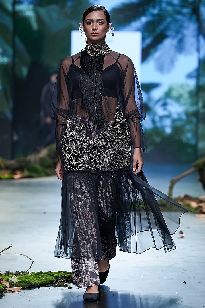 Black Sheer Fabric Applique & Sequins Embellished Kurta Set by Varun Bahl