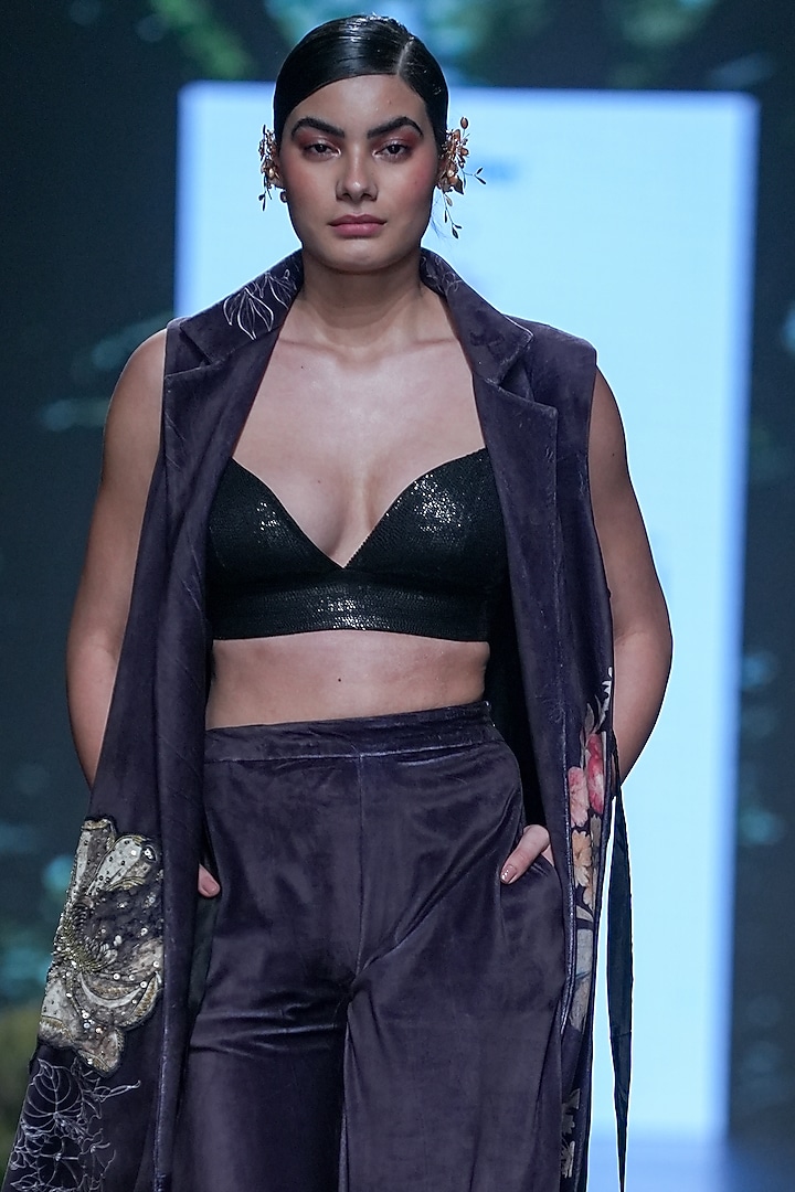 Black Velvet Floral Printed Jacket Set by Varun Bahl at Pernia's Pop Up Shop