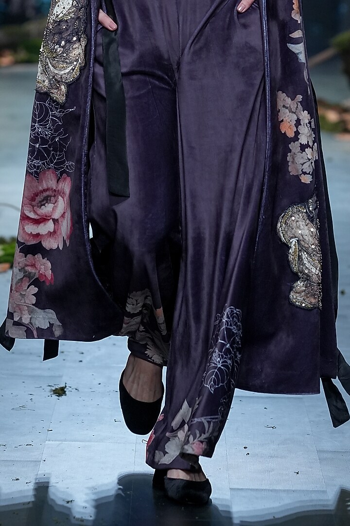 Black Velvet Floral Printed Jacket Set by Varun Bahl at Pernia's Pop Up Shop