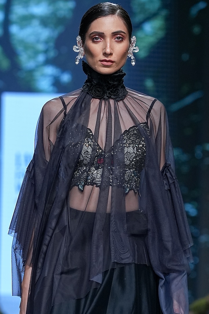 Black Tulle & Chanderi Hand Embellished Jacket Bridal Lehenga Set by Varun Bahl at Pernia's Pop Up Shop
