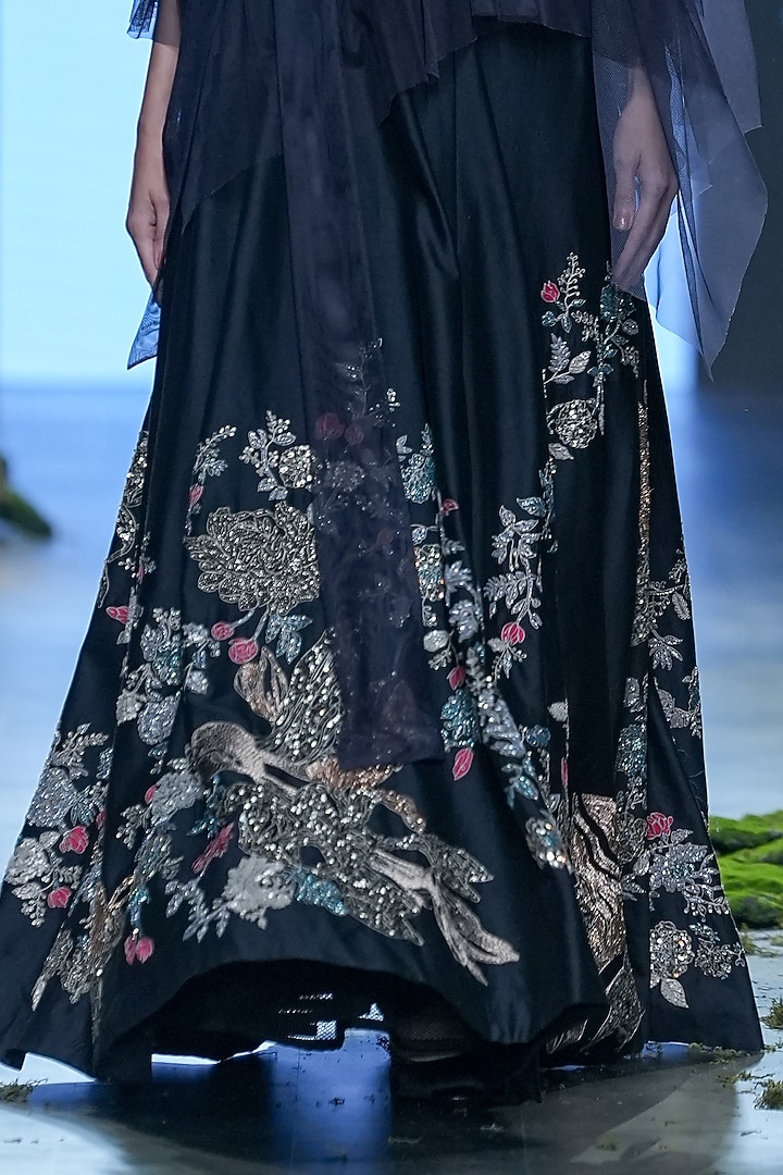 Black Tulle & Chanderi Hand Embellished Jacket Bridal Lehenga Set by Varun Bahl at Pernia's Pop Up Shop