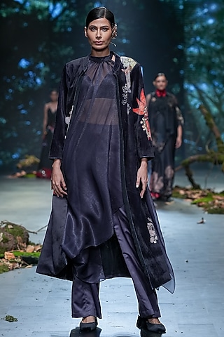 Black Velvet & Lurex Printed Jacket Set by Varun Bahl