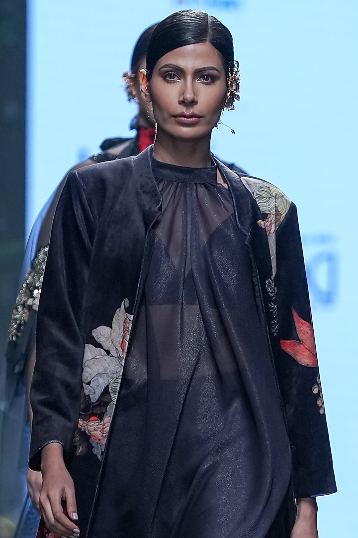 Black Velvet & Lurex Printed Jacket Set by Varun Bahl at Pernia's Pop Up Shop