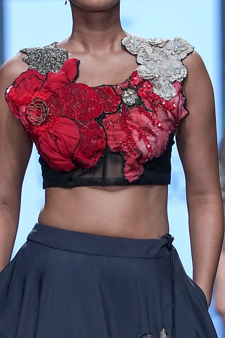 Black Chanderi Sequins Embroidered & Printed Bridal Lehenga Set by Varun Bahl at Pernia's Pop Up Shop