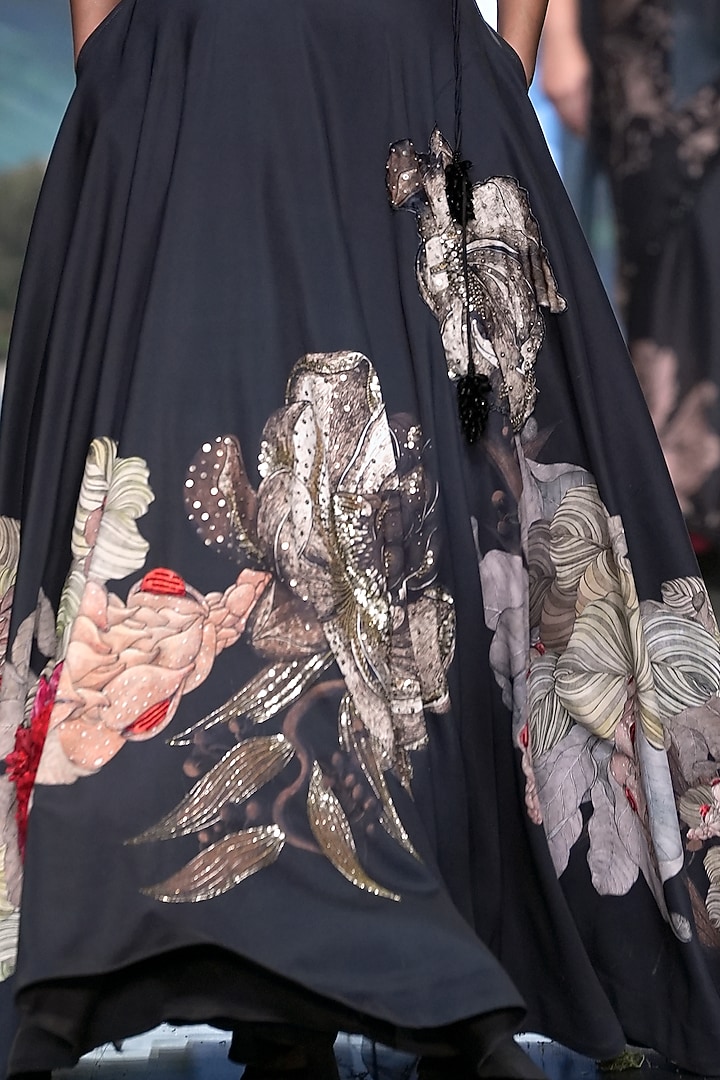 Black Chanderi Sequins Embroidered & Printed Bridal Lehenga Set by Varun Bahl at Pernia's Pop Up Shop