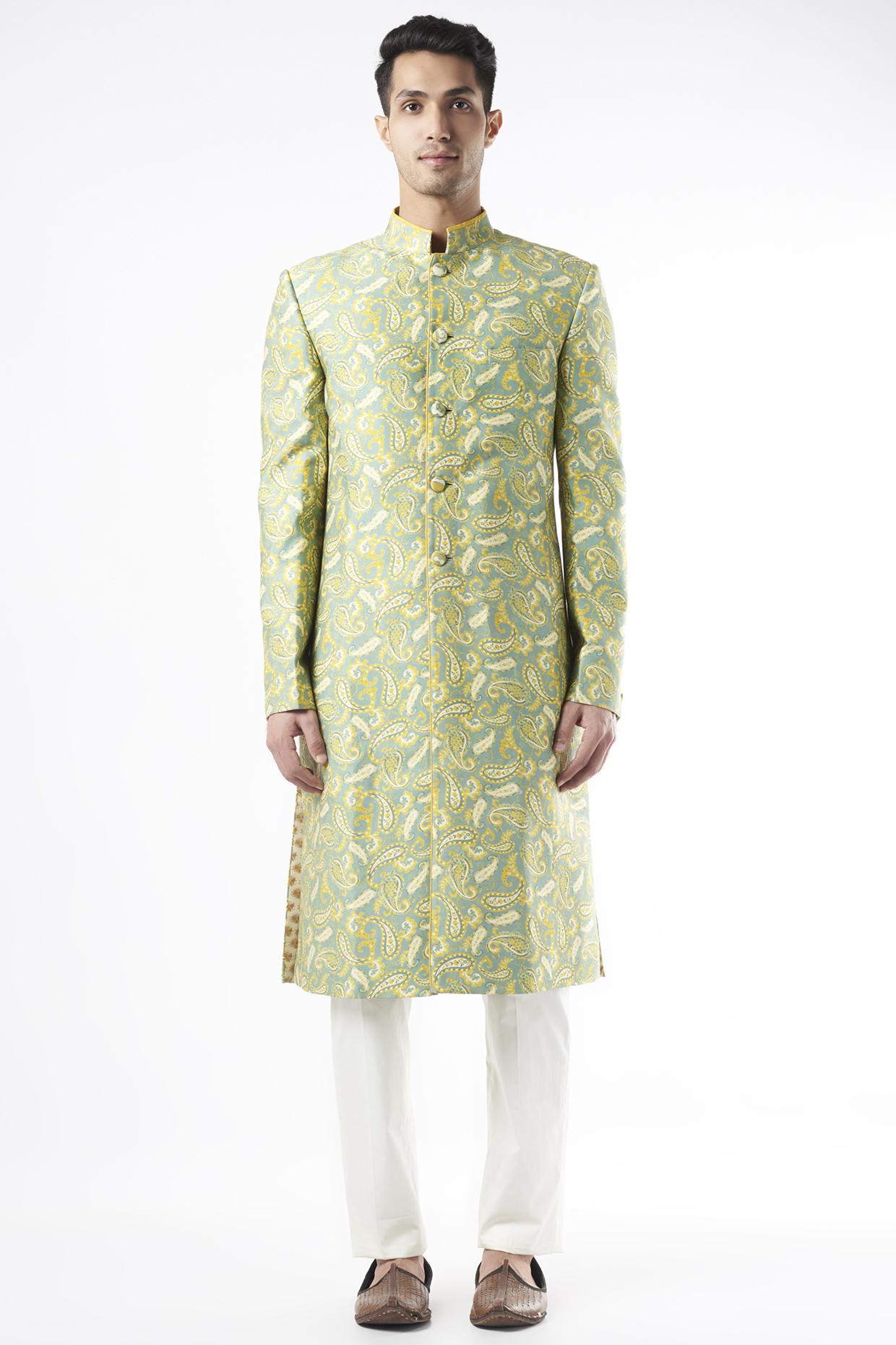 Yellowish Green Printed Sherwani by Varun Bahl Men