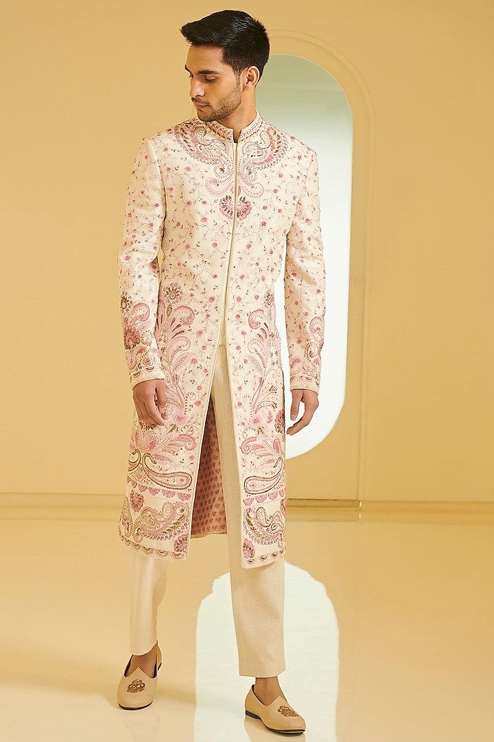 Light Peach Embroidered Sherwani Set by Varun Bahl Men