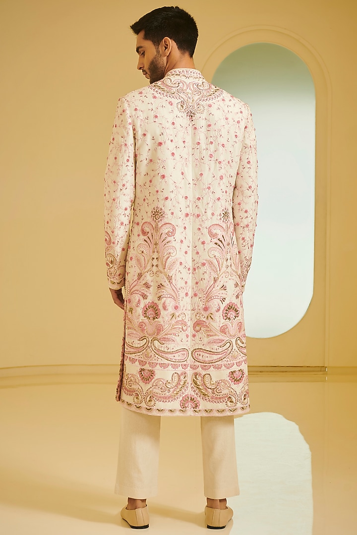 Light Peach Embroidered Groom Sherwani Set by Varun Bahl Men at Pernia's Pop Up Shop