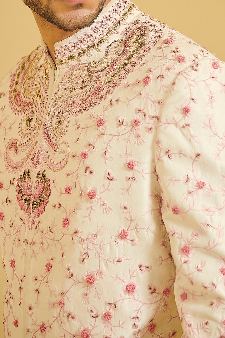Light Peach Embroidered Groom Sherwani Set by Varun Bahl Men at Pernia's Pop Up Shop
