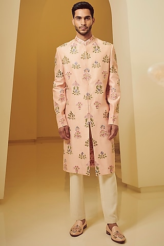 Peach Embroidered Sherwani Set by Varun Bahl Men