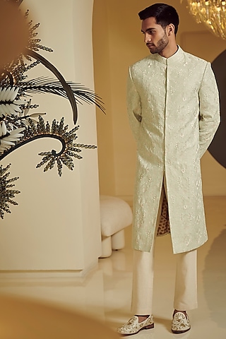 Sea Green Embroidered Sherwani Set by Varun Bahl Men