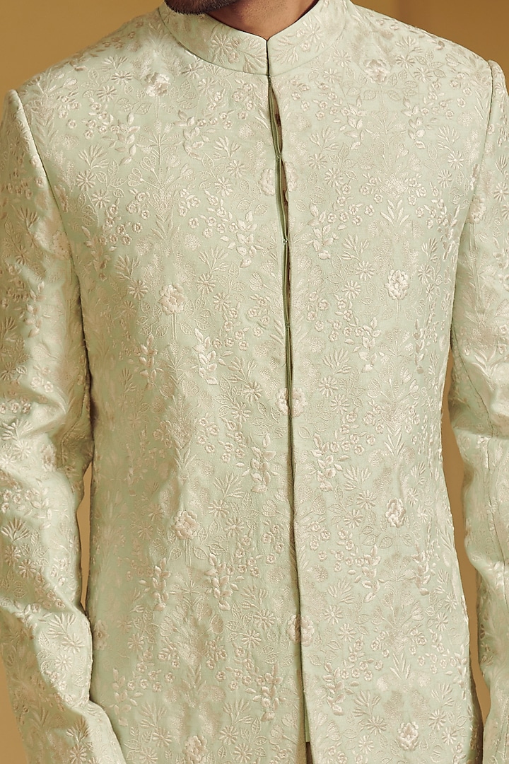 Sea Green Embroidered Groom Sherwani Set by Varun Bahl Men at Pernia's Pop Up Shop