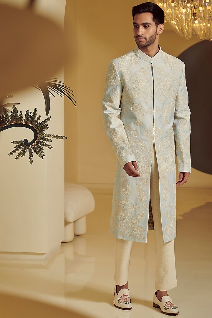 Ice Blue Embroidered Sherwani Set by Varun Bahl Men