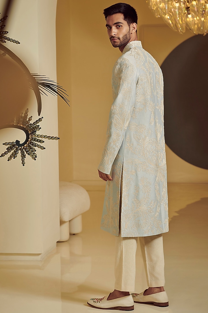 Ice Blue Embroidered Groom Sherwani Set by Varun Bahl Men at Pernia's Pop Up Shop