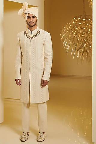 Ivory Resham Embroidered Sherwani Set  by Varun Bahl Men