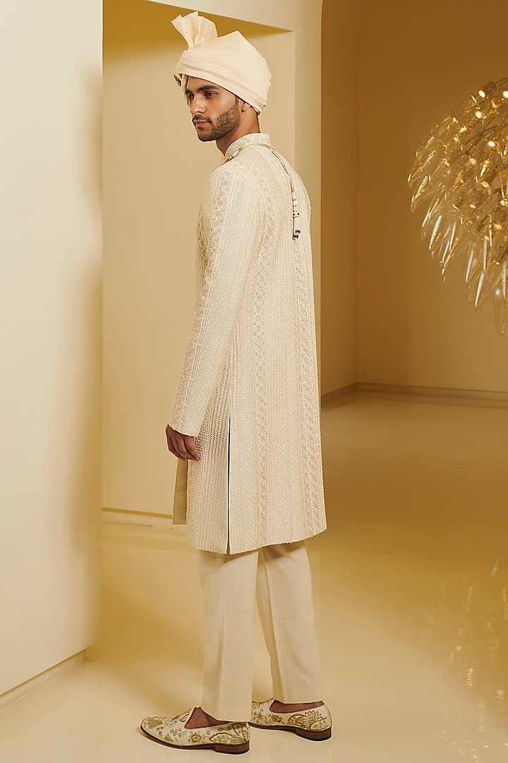 Ivory Resham Embroidered Groom Sherwani Set by Varun Bahl Men at Pernia's Pop Up Shop
