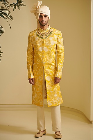 Yellow & Ivory Embroidered Sherwani Set by Varun Bahl Men