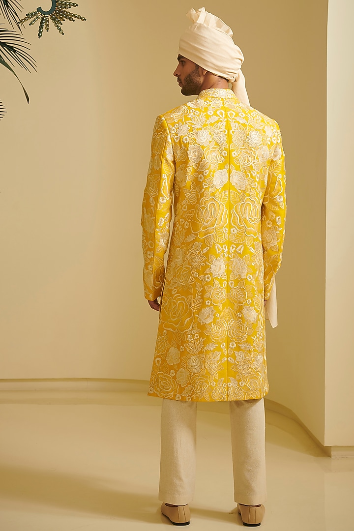 Yellow & Ivory Embroidered Groom Sherwani Set by Varun Bahl Men at Pernia's Pop Up Shop
