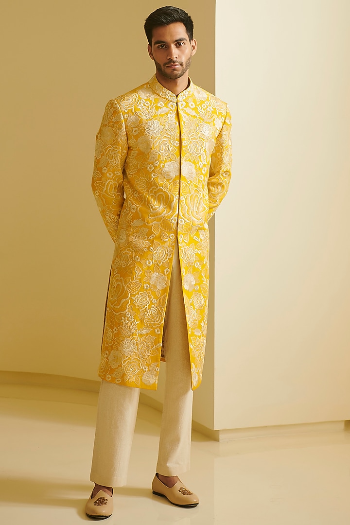 Yellow & Ivory Embroidered Groom Sherwani Set by Varun Bahl Men at Pernia's Pop Up Shop