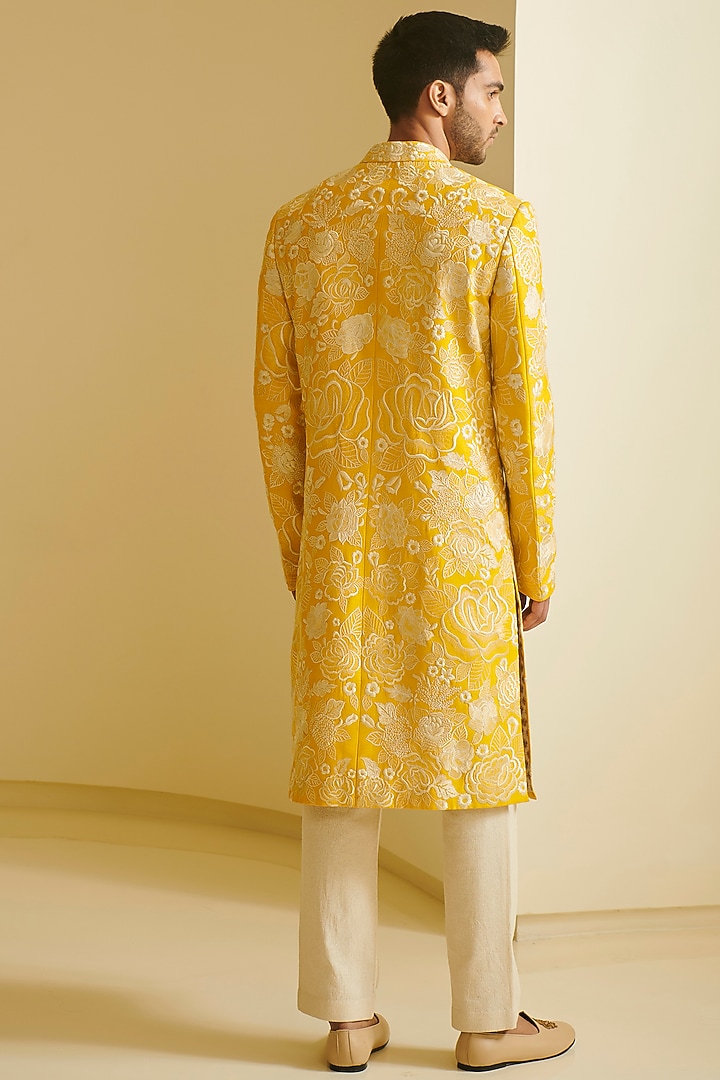 Yellow & Ivory Embroidered Groom Sherwani Set by Varun Bahl Men at Pernia's Pop Up Shop